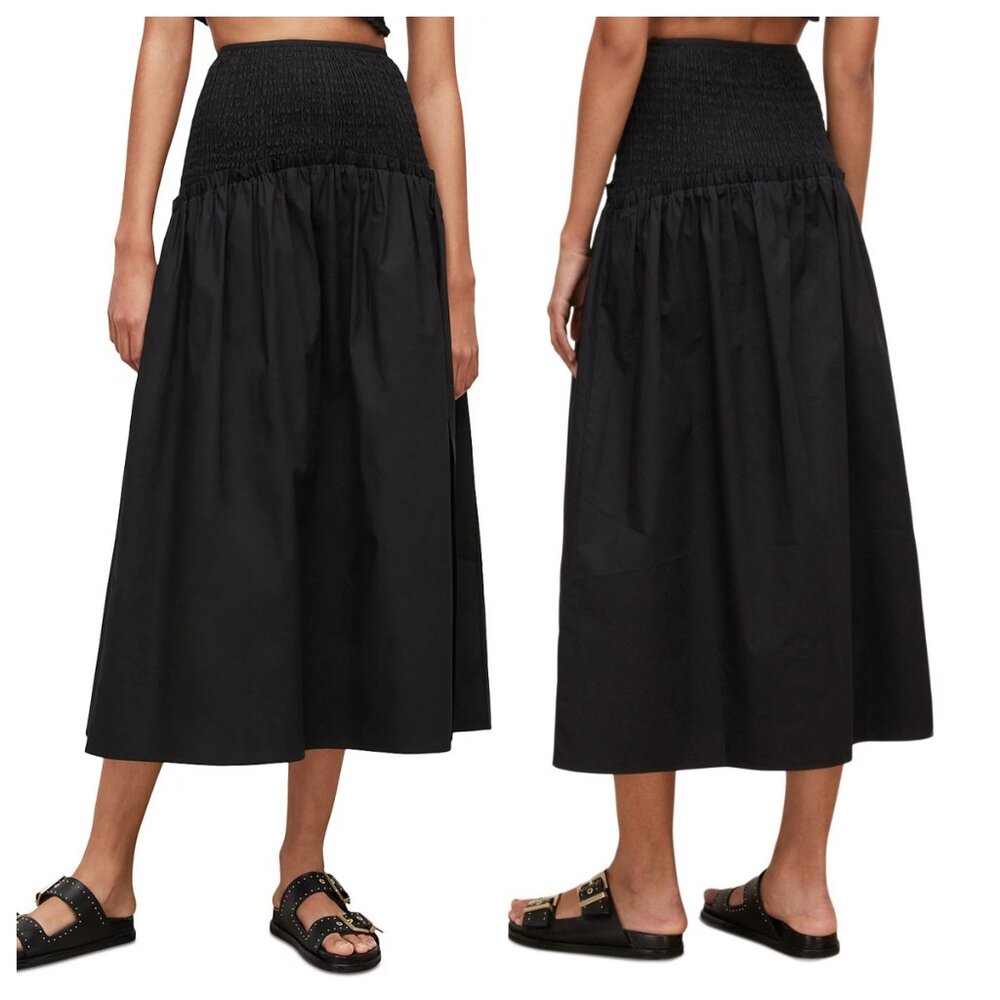 AllSaints Black Smocked Waist Midi Skirt